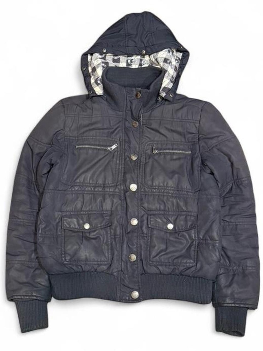 Y2K Pronto Multipocket Plaid Lined Black Puffer Bomber Cropped Jacket